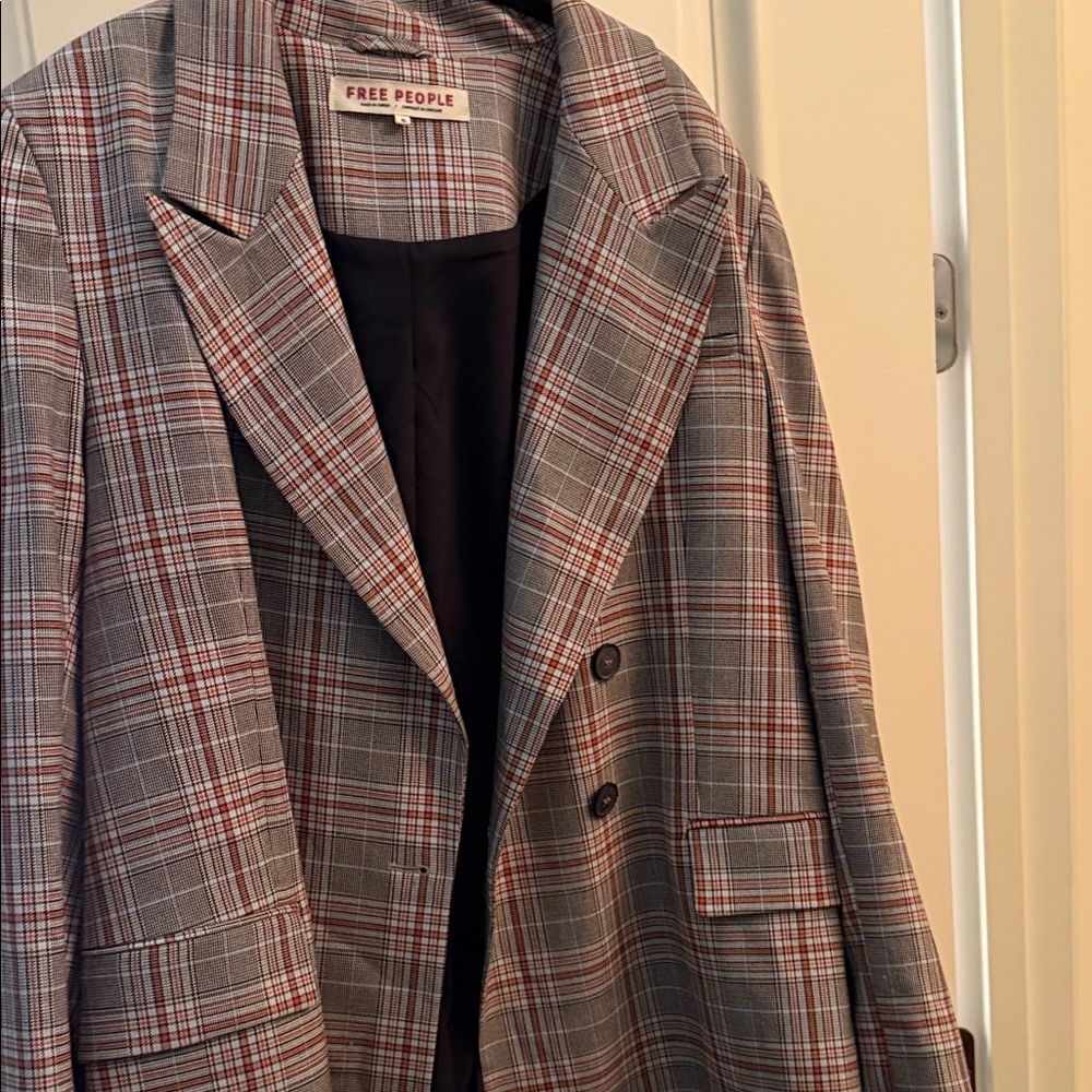 Free People Classic Gray and Red Plaid Blazer